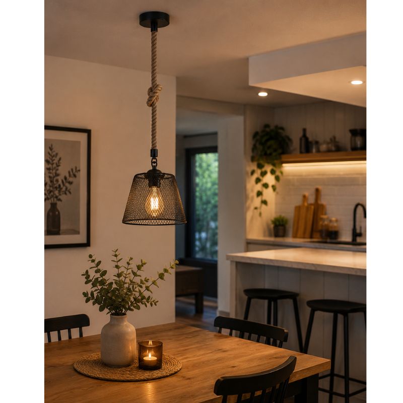 Lámpara Colgante Vintage Porta E27 con Cuerda | 150 x 150 mm | Estilo Industrial