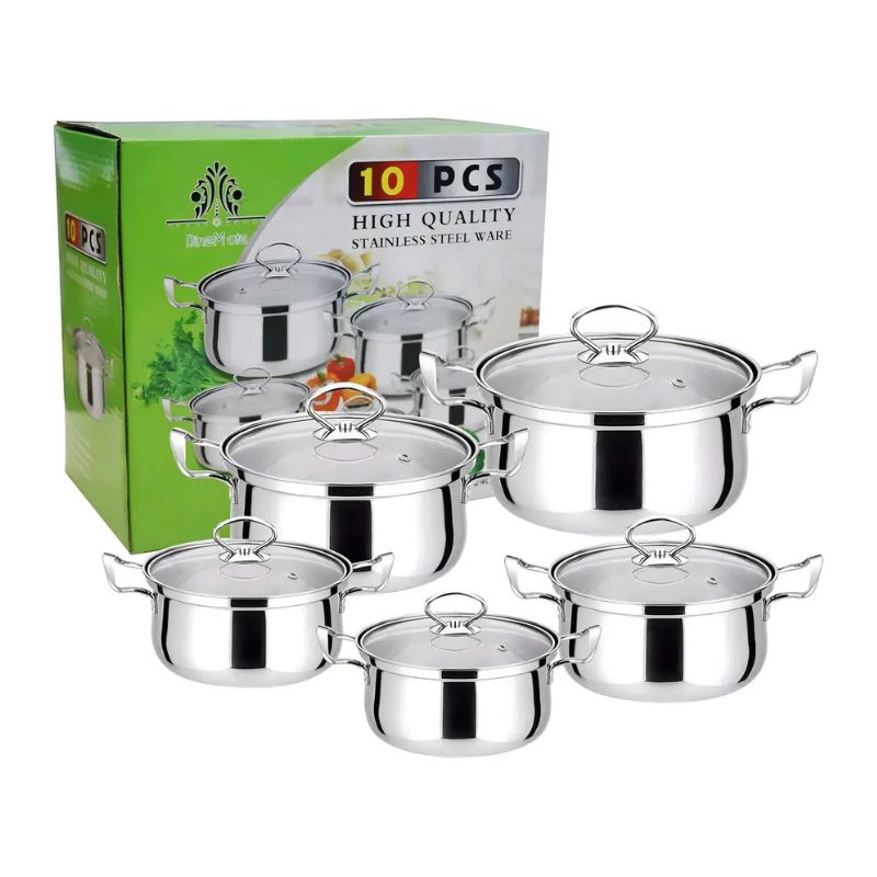 Set Batería De Cocina 10 Piezas Acero Inoxidable 5 Ollas Con Tapas De Vidrio
