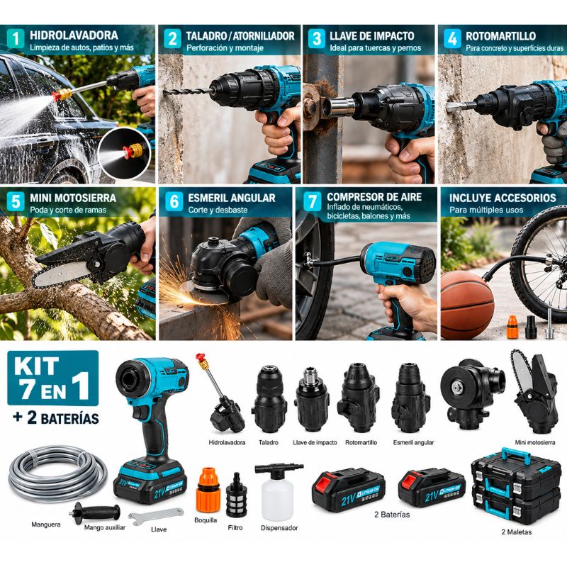 Kit Herramientas Inalámbricas Multifunción 7 en 1 + 2 Baterías y Maletas
