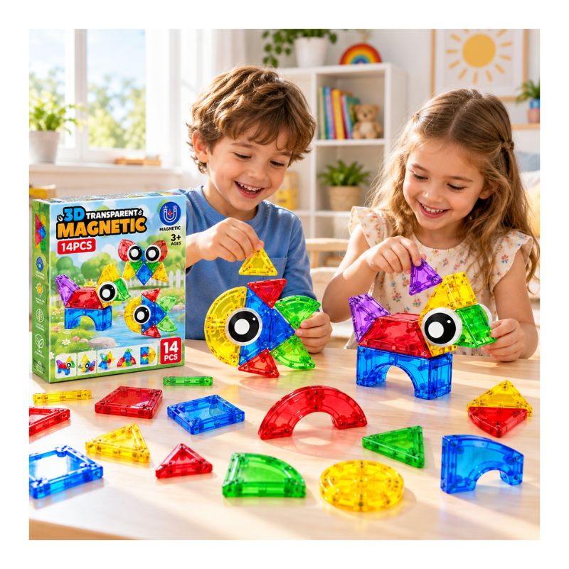Set Bloques Magnéticos Transparentes 14 Piezas 3D para Construcción 3+