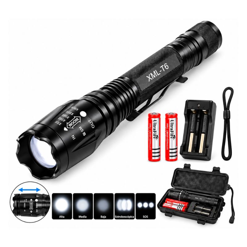 Linterna Táctica LED XML-T6 Recargable Zoom 5 Modos + Baterías