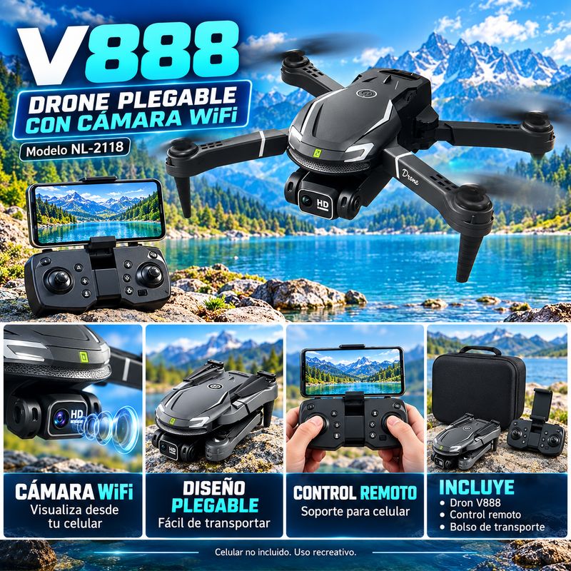 Drone V888 Plegable con Cámara HD, Conexión WiFi, Control Remoto y Bolso de Transporte