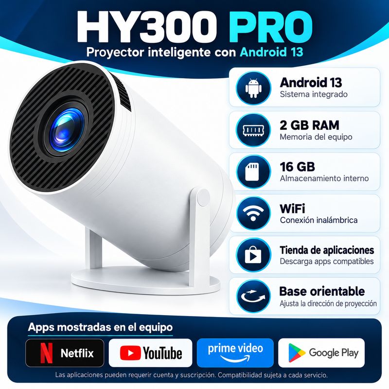 Proyector Smart HY300 Pro Android 13 WiFi 2 GB RAM 16 GB con Base Orientable