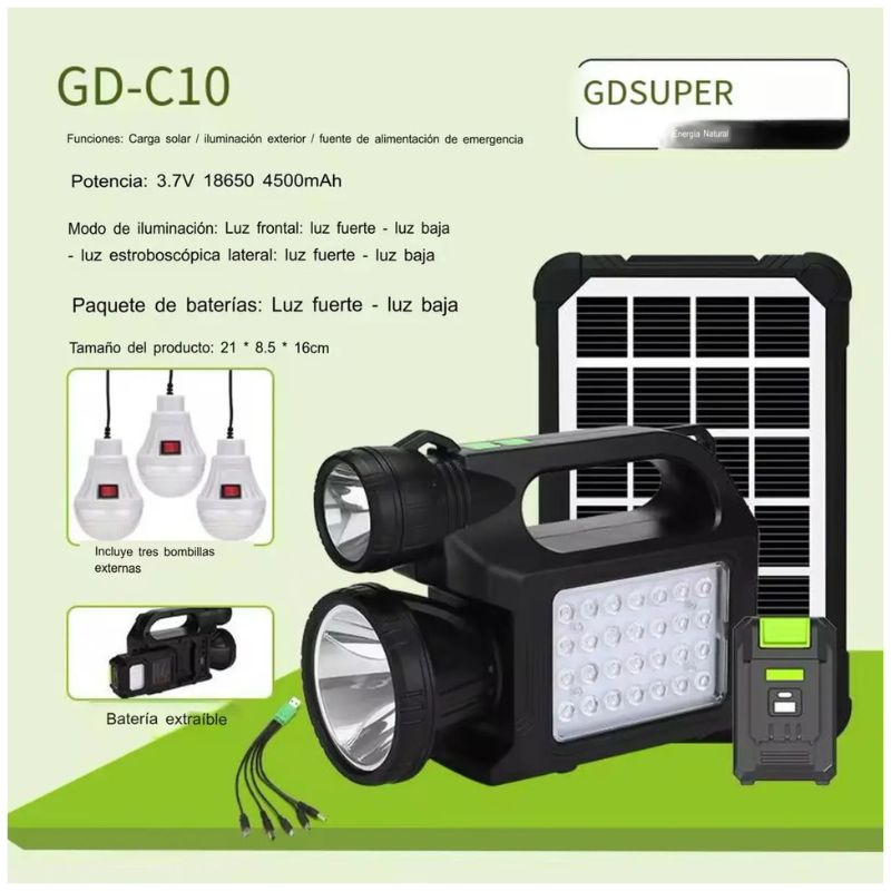 Kit Iluminación Solar Portátil Linterna LED 3 Ampolletas Recargable