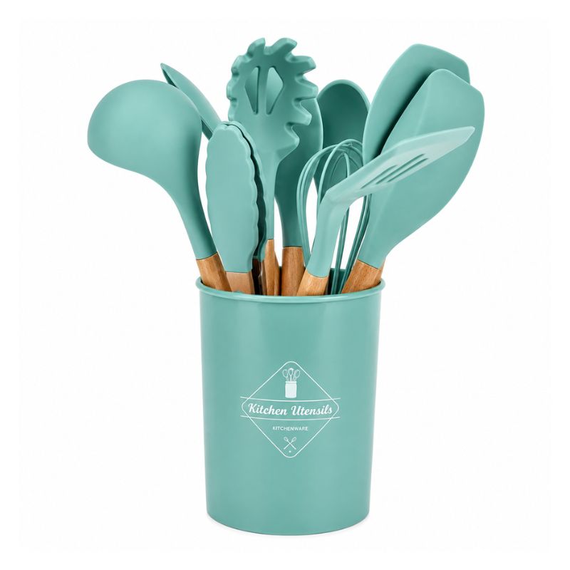 Set Utensilios Cocina 12 Piezas Silicona Con Mango De Madera