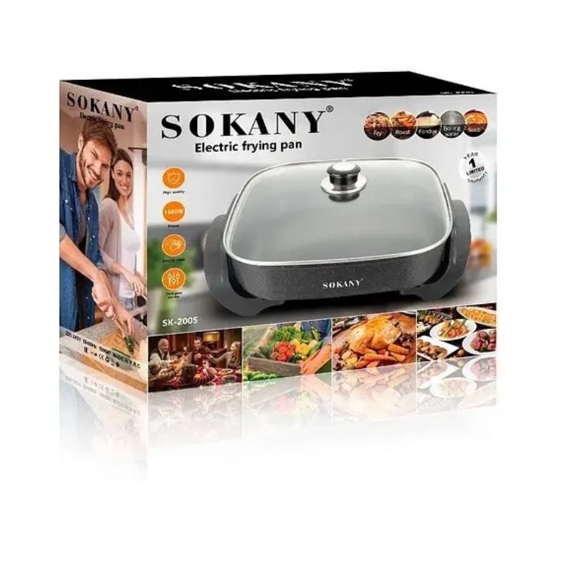 Sartén Eléctrico Sokany 1500W 6L Antiadherente Con Tapa De Vidrio