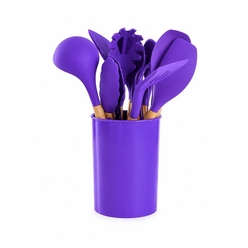Set Utensilios Cocina 12 Piezas Silicona Con Mango De Madera