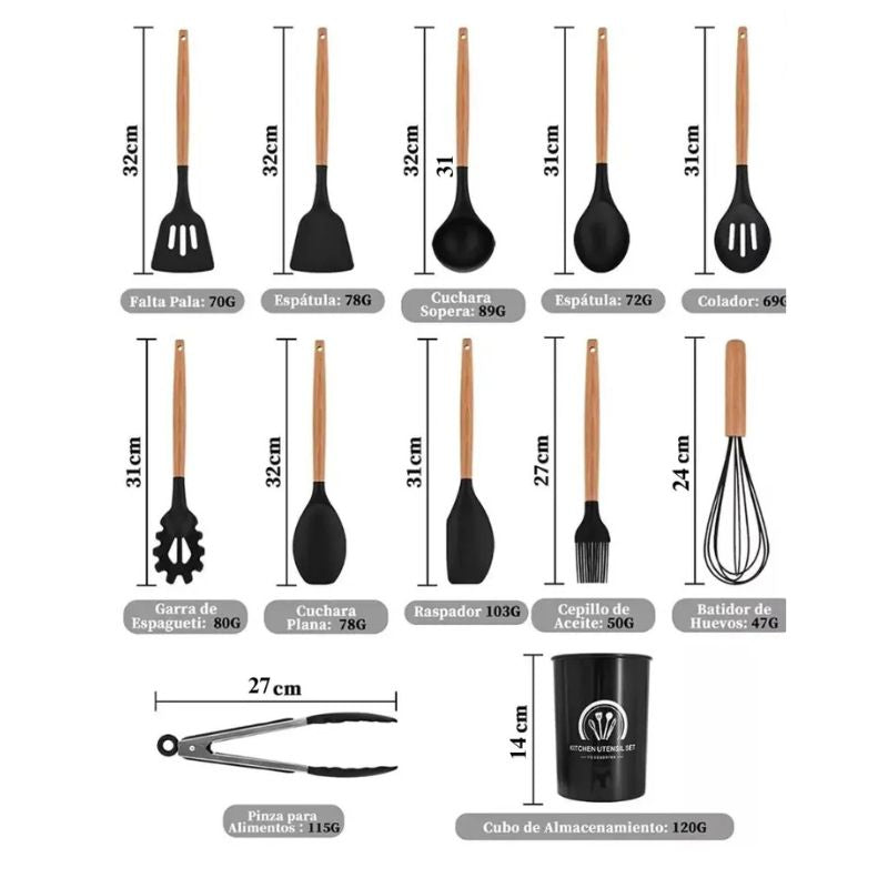 Set Utensilios Cocina 12 Piezas Silicona Con Mango De Madera