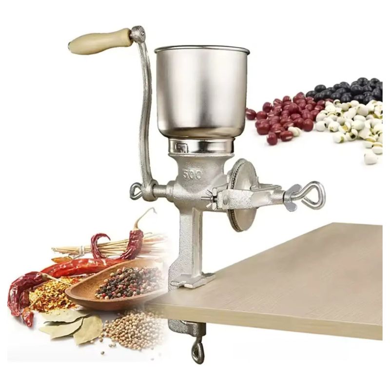 Molino Manual De Granos 1,5L Tolva Alta Hierro Fundido Plateado