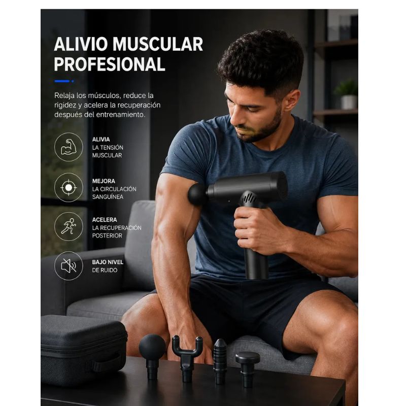Pistola Masajeadora Muscular Percusión 4 Cabezales Recargable Negra