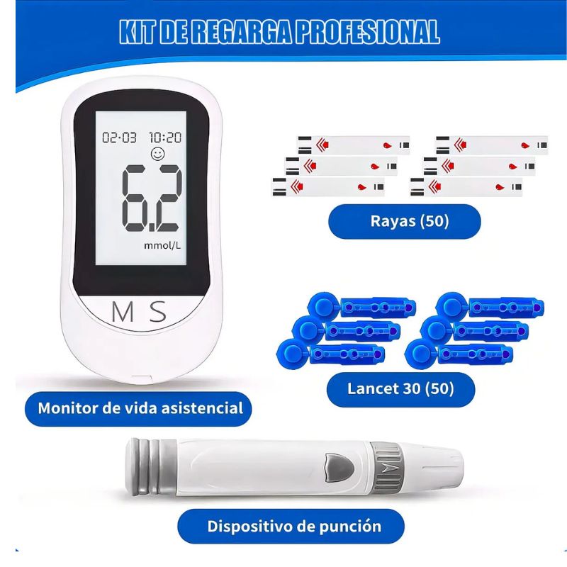 Glucómetro Digital Medidor de Glucosa Kit 50 Tiras y 50 Lancetas