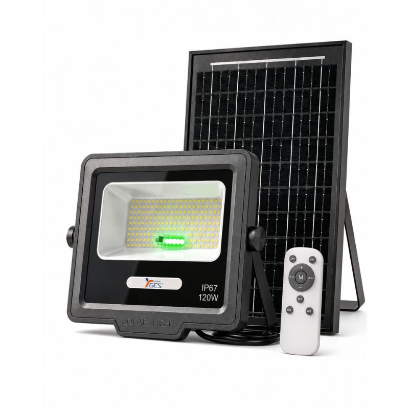 Foco Solar LED 120W IP67 Con Panel Solar Externo Control Remoto