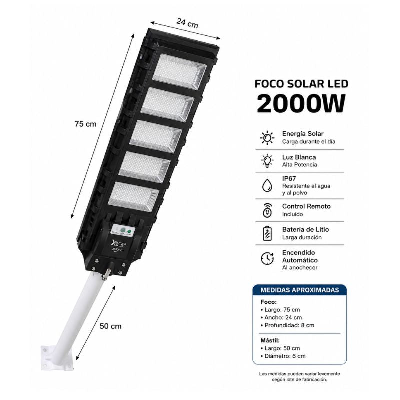 Foco Solar LED 2000W Exterior IP67 Con Control Remoto Luz Blanca