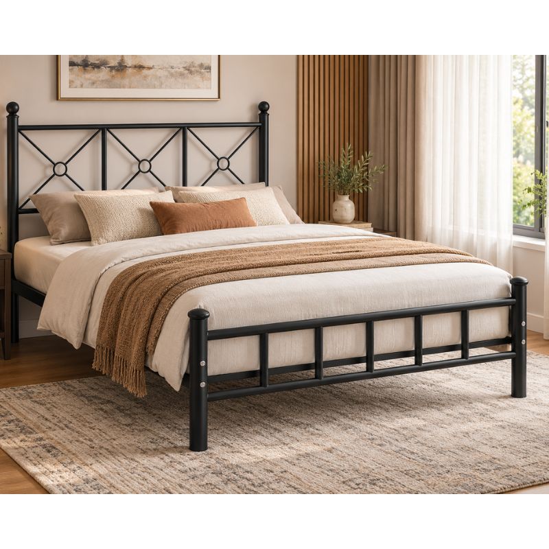 Cama Metálica 2 Plazas 150x190 Cm Negra Con Cabecera Diseño Clásico