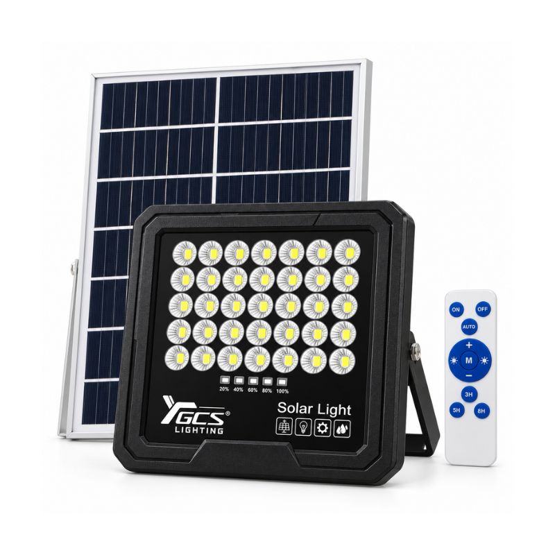 Foco Proyector LED Solar GCS 1500W con Panel Solar, Control Remoto e Indicador de Batería