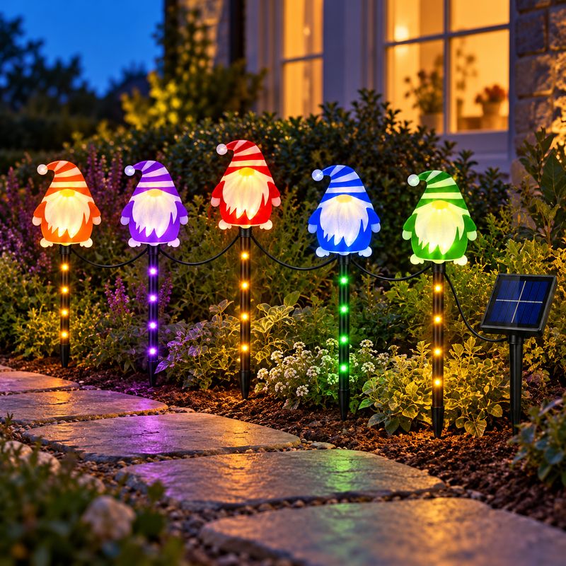 Set de 5 Luces Solares LED Navideñas Multicolor con Estaca para Jardín – Gnomos
