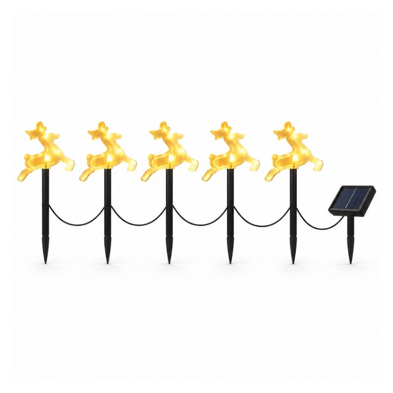 Set 5 Renos Navideños LED Solares Luz Cálida con Estacas para Jardín