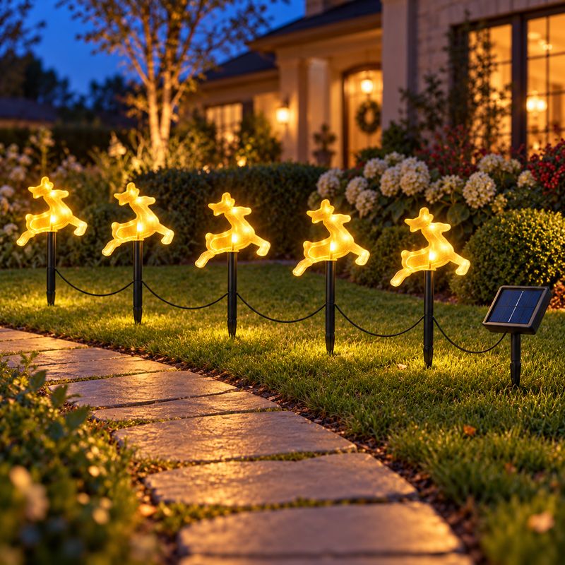 Set 5 Renos Navideños LED Solares Luz Cálida con Estacas para Jardín