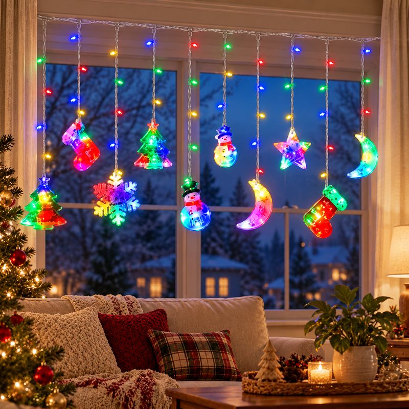 Cortina de Luces LED Navideñas Multicolor con Figuras Colgantes 3 mts