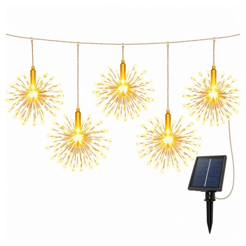 Guirnalda Solar LED Tipo Fuegos Artificiales con 5 Figuras Colgantes – Luz Cálida 3 mts