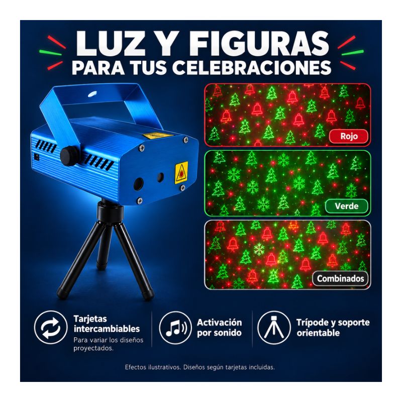 Proyector Láser Rojo y Verde con Figuras Navideñas, Tarjetas Intercambiables y Trípode