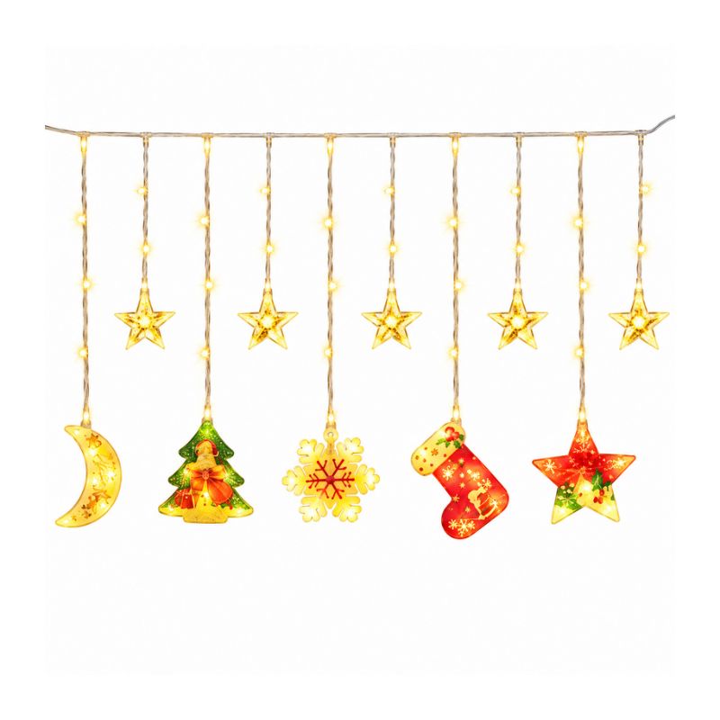 Cortina de Luces LED Navideñas 3 Metros con Figuras Decorativas – Luz Cálida a Corriente