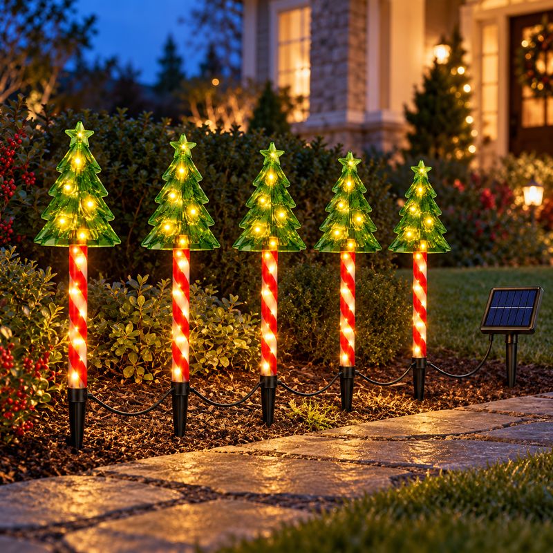 Set 5 Arbolitos Navideños LED Solares Luz Cálida con Estacas para Jardín