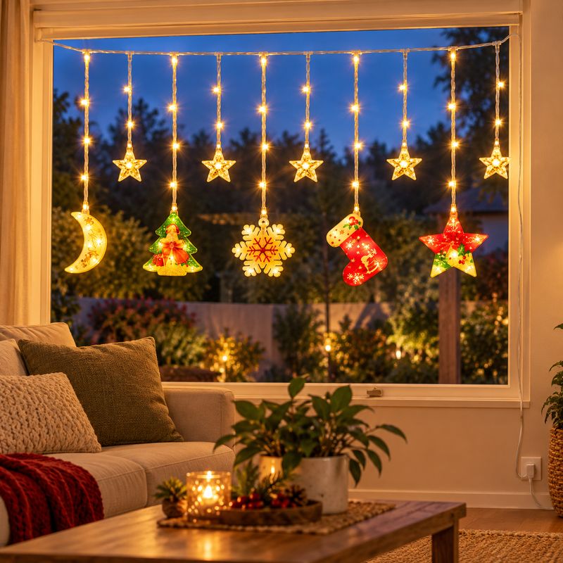 Cortina de Luces LED Navideñas 3 Metros con Figuras Decorativas – Luz Cálida a Corriente