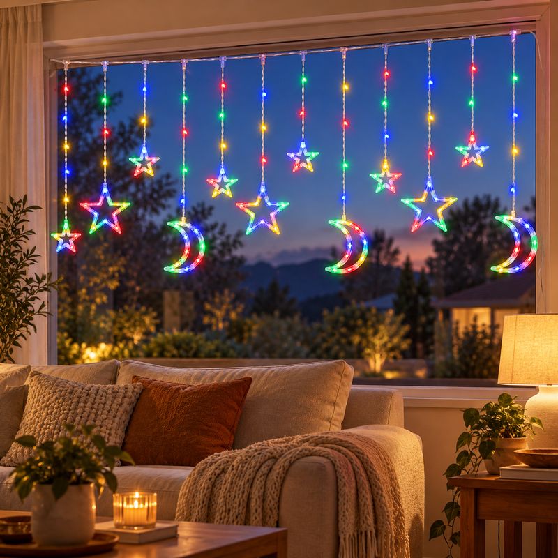 Cortina de Luces LED Navideñas 3 Metros con Estrellas y Lunas Decorativas